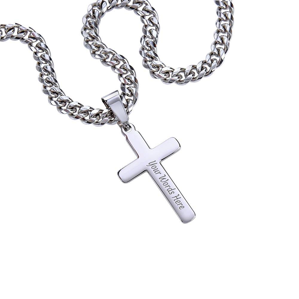To Husband and Father | One and Only | From Wife or Significant Other | Personalized Steel Cross on Cuban Link Chain Necklace