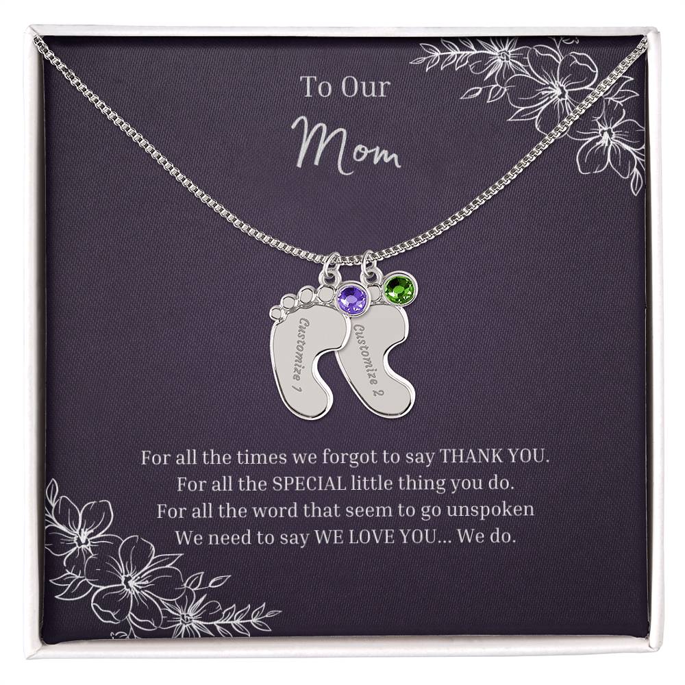 To Our Mom | Engraved Baby Feet with Birthstones Necklace