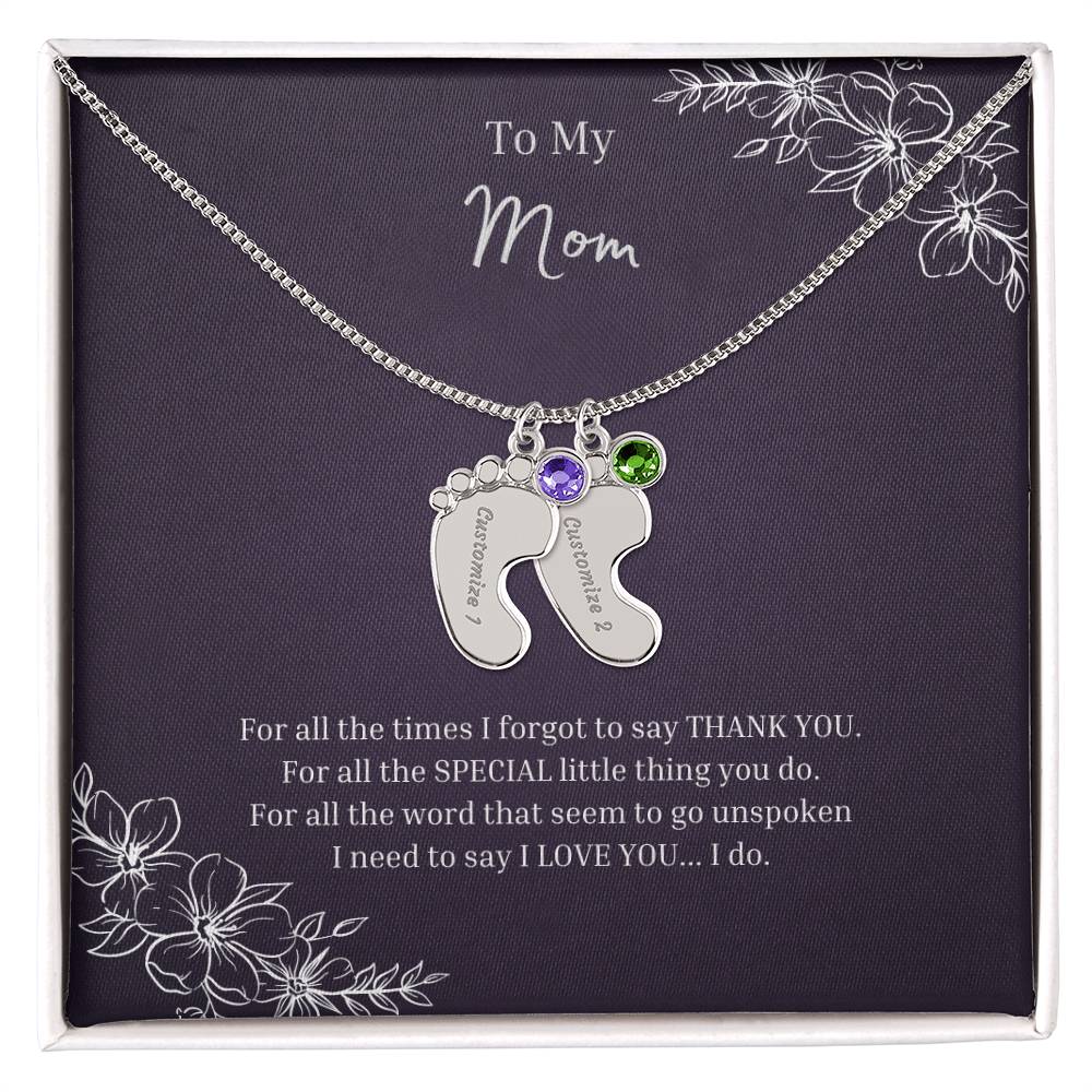 To My Mom | Engraved Baby Feet with Birthstones Necklace