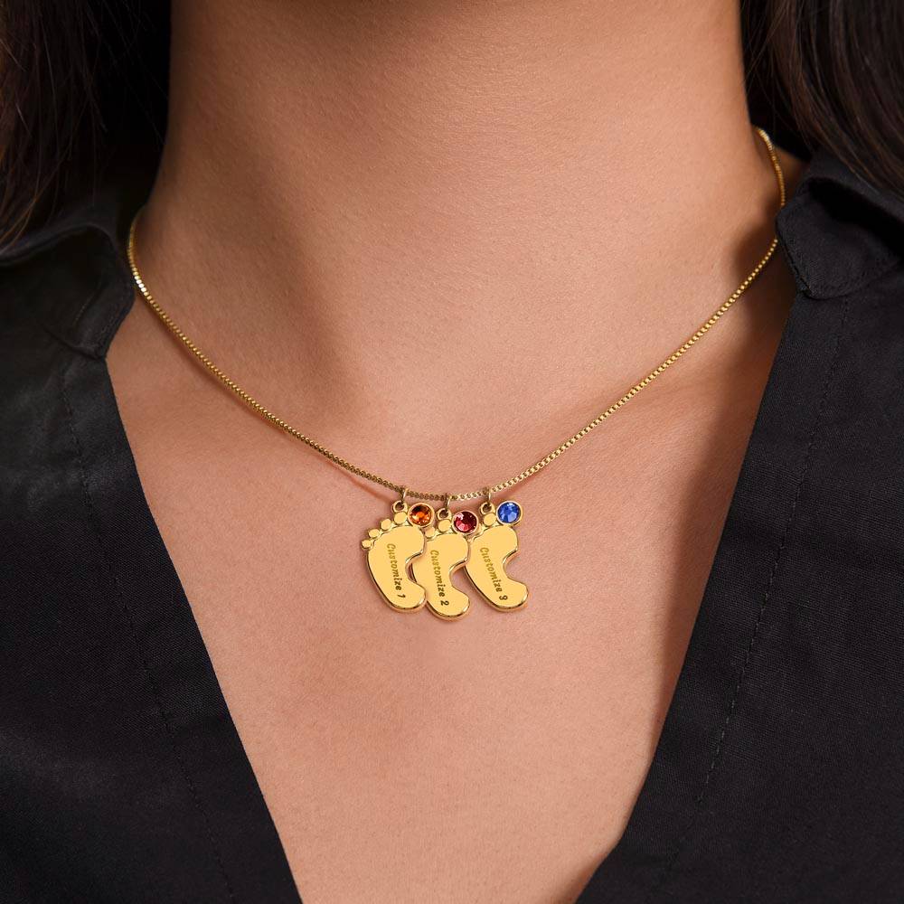 To Our Mom | Engraved Baby Feet with Birthstones Necklace