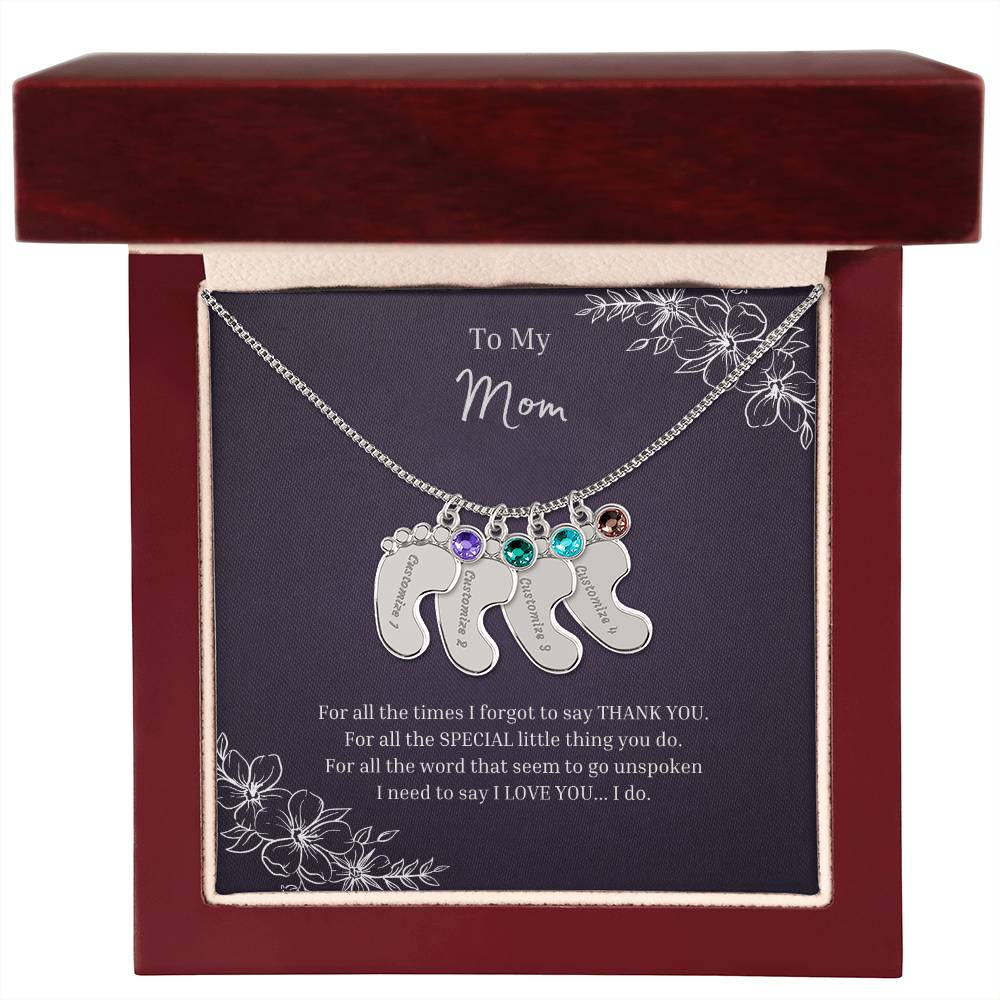 To My Mom | Engraved Baby Feet with Birthstones Necklace
