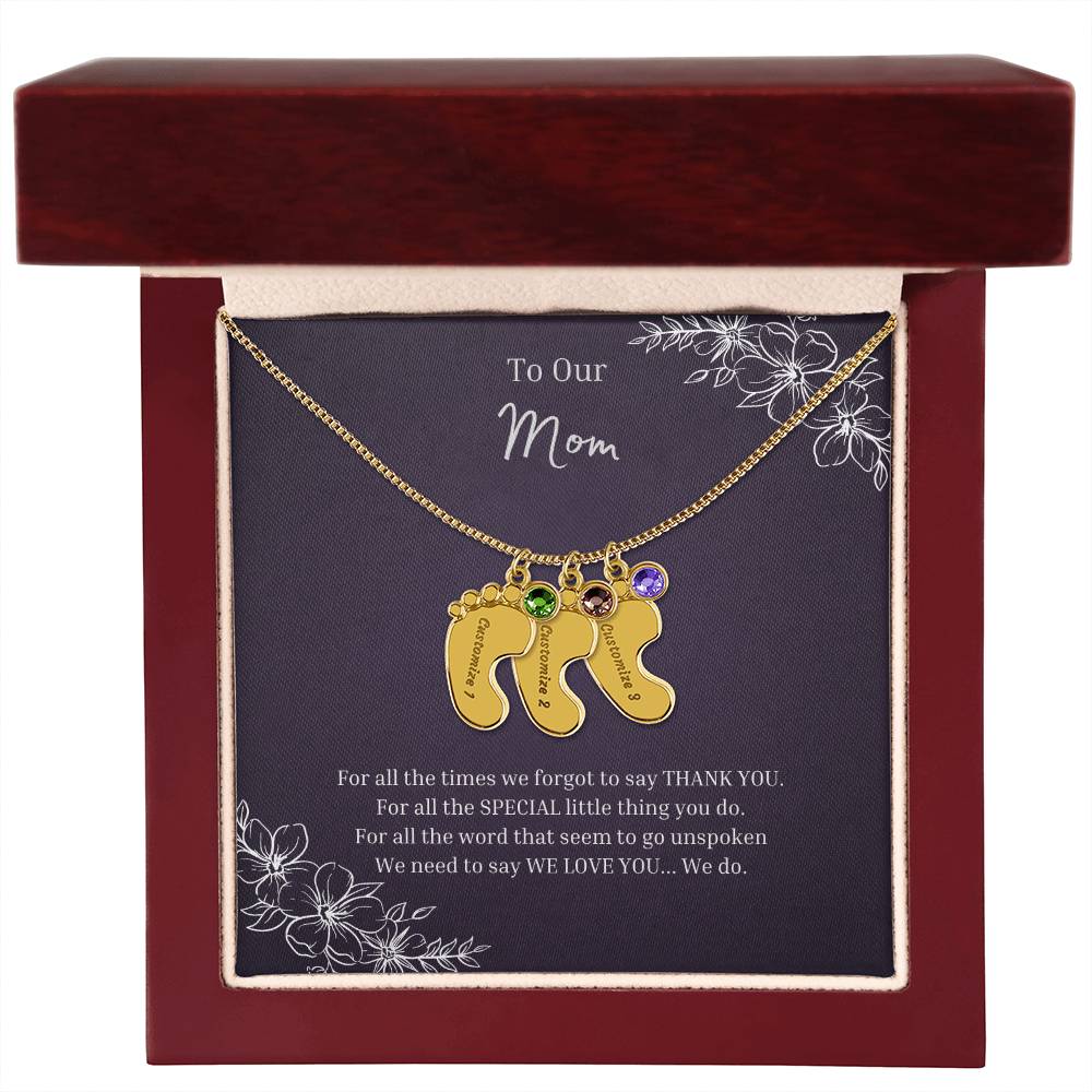 To Our Mom | Engraved Baby Feet with Birthstones Necklace