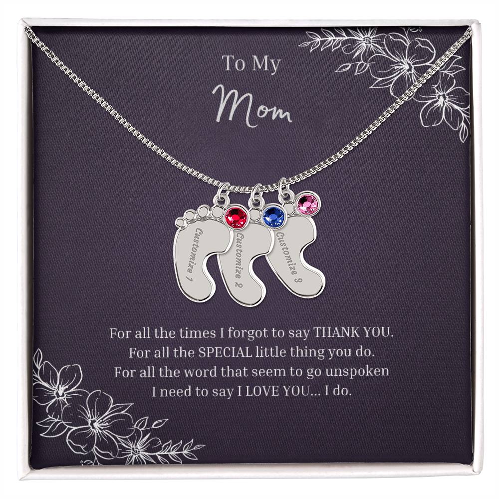 To My Mom | Engraved Baby Feet with Birthstones Necklace