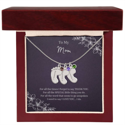 To My Mom | Engraved Baby Feet with Birthstones Necklace